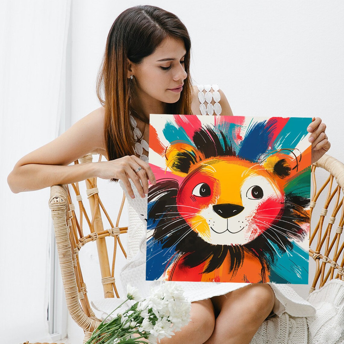 Lion Cub with Rainbow Brushstroke Mane Cheerful Kids Animal Wall Art - Image 3