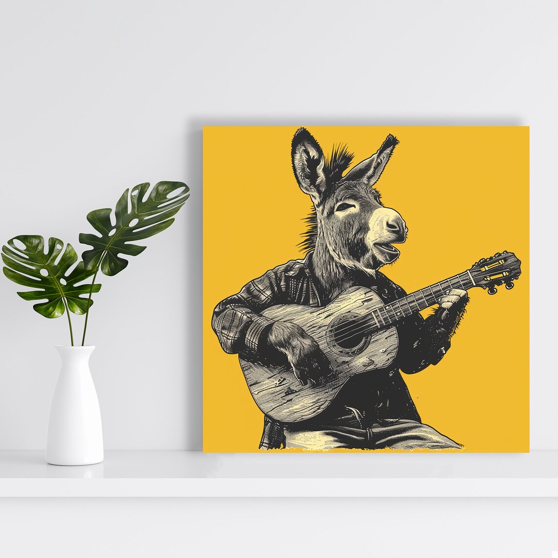 Donkey Playing Guitar Singing Vintage Engraving Mustard Wall Art - Image 2