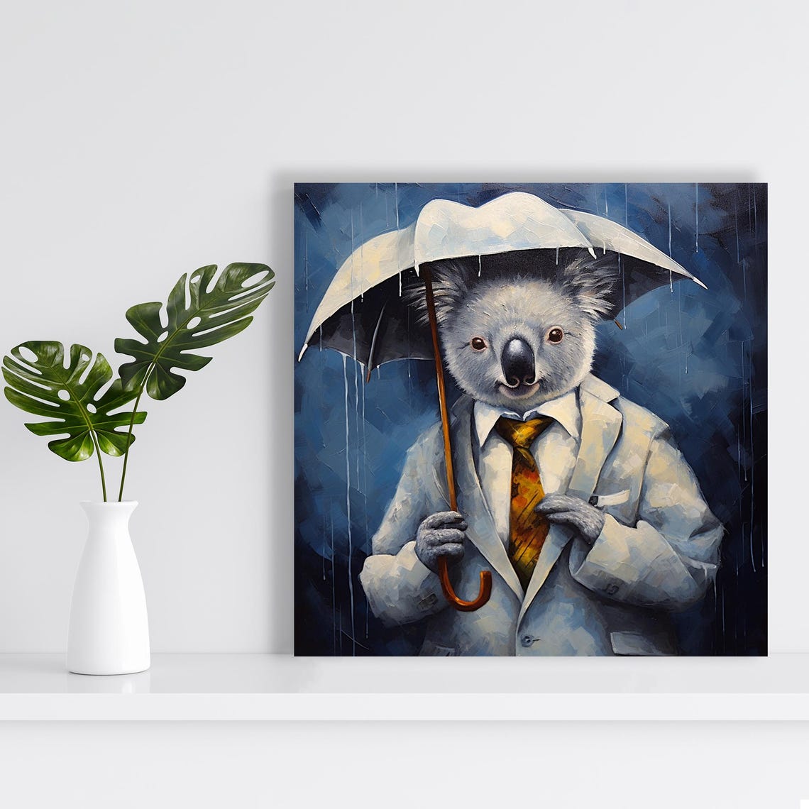 Dapper Koala In White Suit Holding Umbrella Rainy Night Blue Poster - Image 2