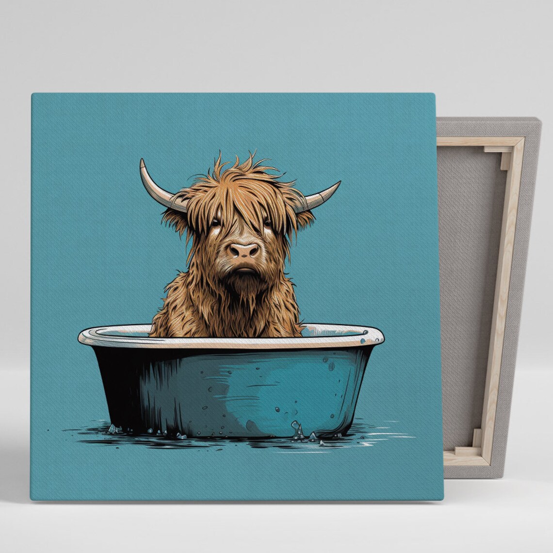 Highland Cow in Bathtub Turquoise Background Funny Farm Wall Poster