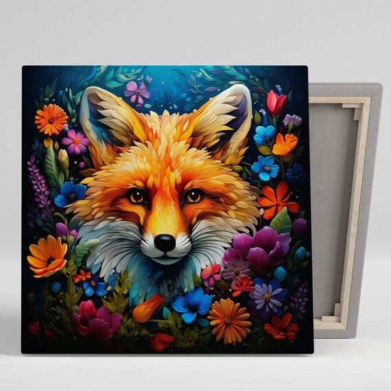 Red Fox Face Colorful Wildflowers Vivid Botanical Animal Wall Poster