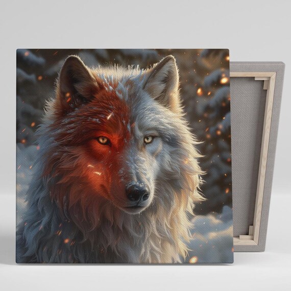 Wolf Fire Ice Split Face Winter Digital Art Dramatic Nature Wall Poster