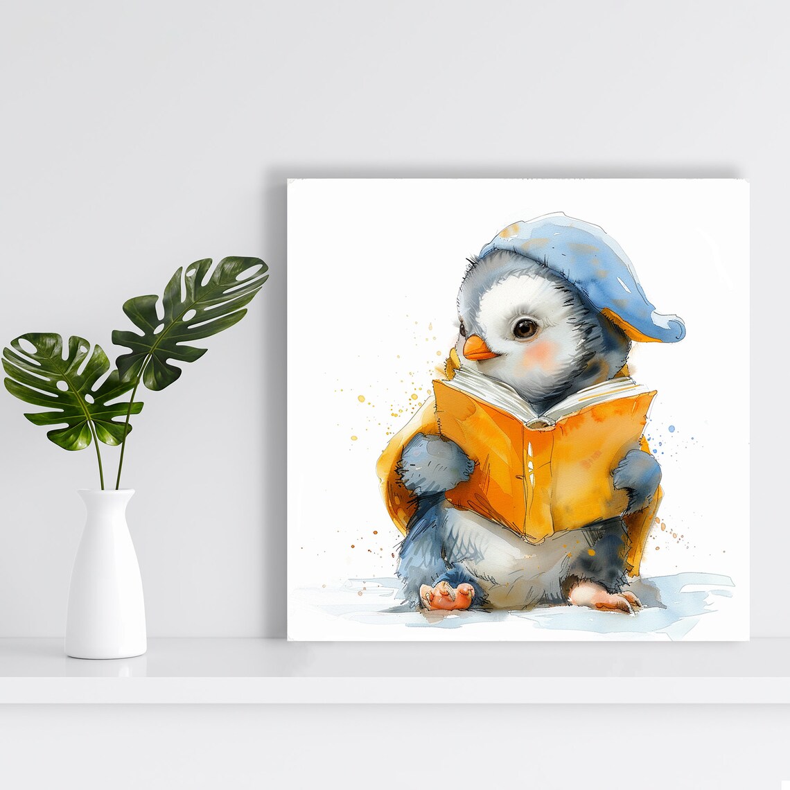 Baby Penguin Reading Orange Book In Blue Nightcap Cute Nursery Wall Poster - Image 2