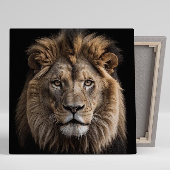 Majestic Lion Close-Up Portrait Brown Mane Black Background Wall Art Poster
