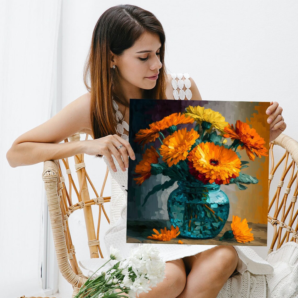 Orange Marigold Bouquet Blue Glass Jar Painterly Floral Wall Poster - Image 3