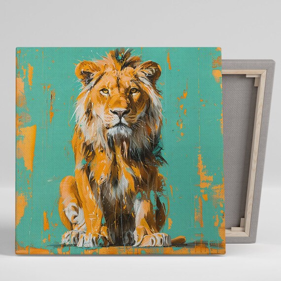 Regal Lion Paint Splash Teal Orange Modern Contemporary Art Poster