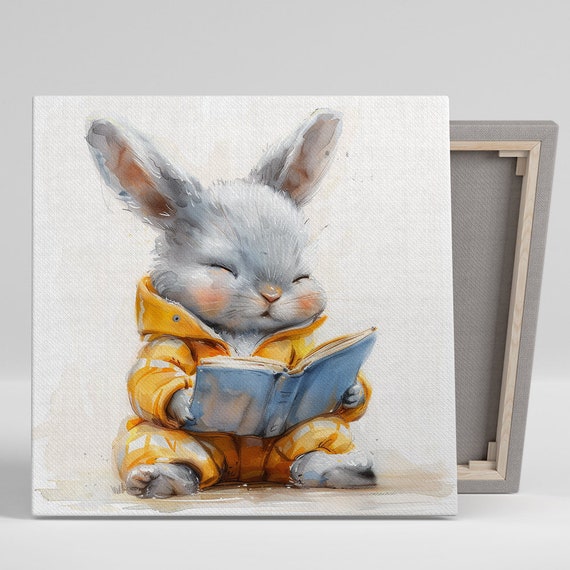 Bunny Art Or Poster Whimsical Animal Decor Childrens Room Nursery Bedroom Office Wall Art Grey Yellow Blue White Cute Print