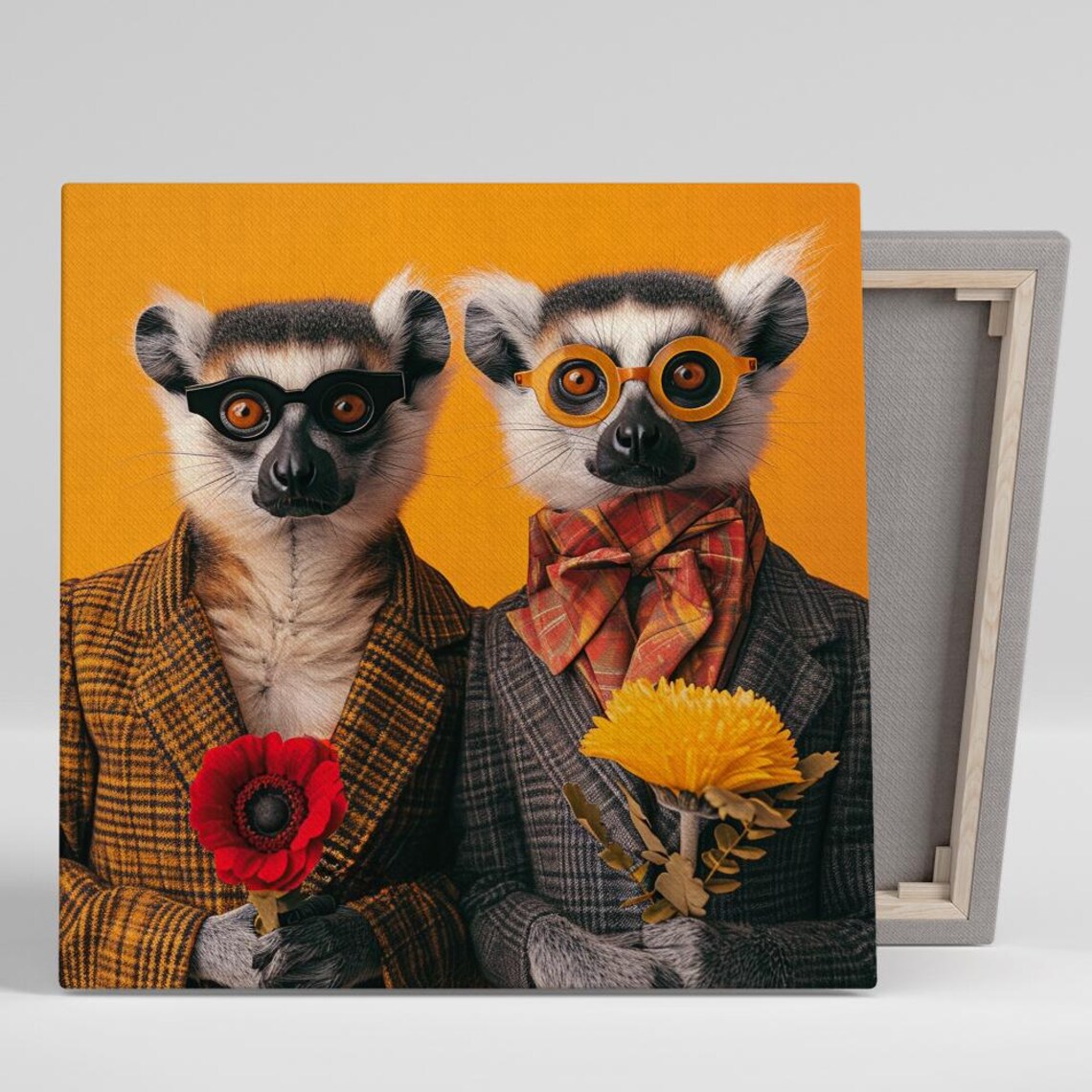 Dapper Lemur Duo Tweed Suits Glasses Flowers Orange Retro Poster