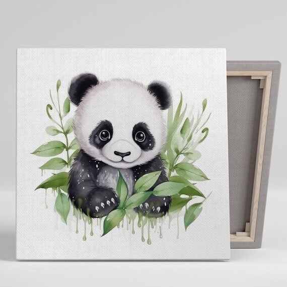 Baby Panda Cub Watercolor With Green Leaves Sweet Nursery Wall Poster