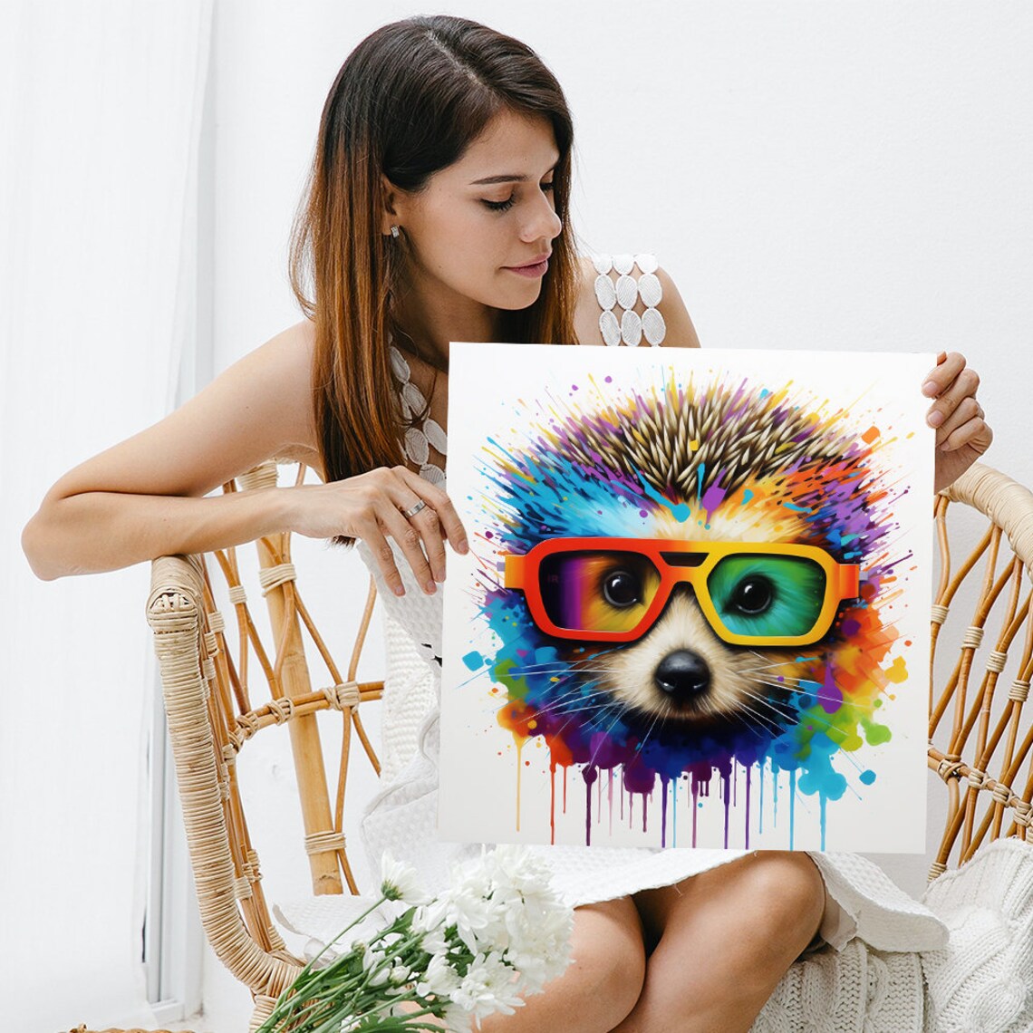 Hedgehog in Cool Sunglasses Rainbow Paint Splatter Fun Animal Poster - Image 3