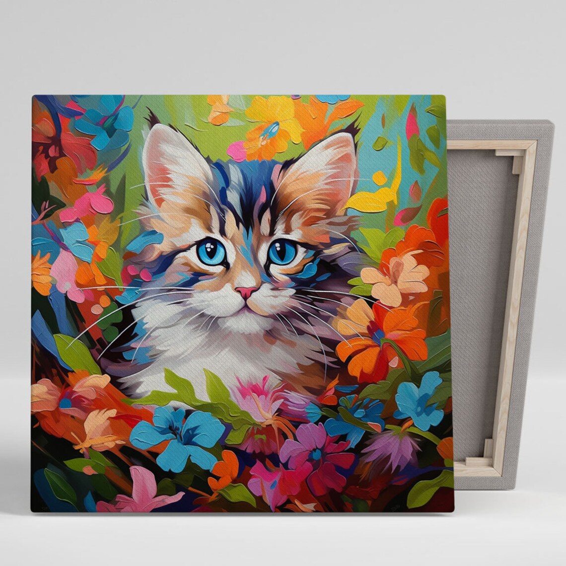 Floral Cat Art Print, Living Room Animal Decor
