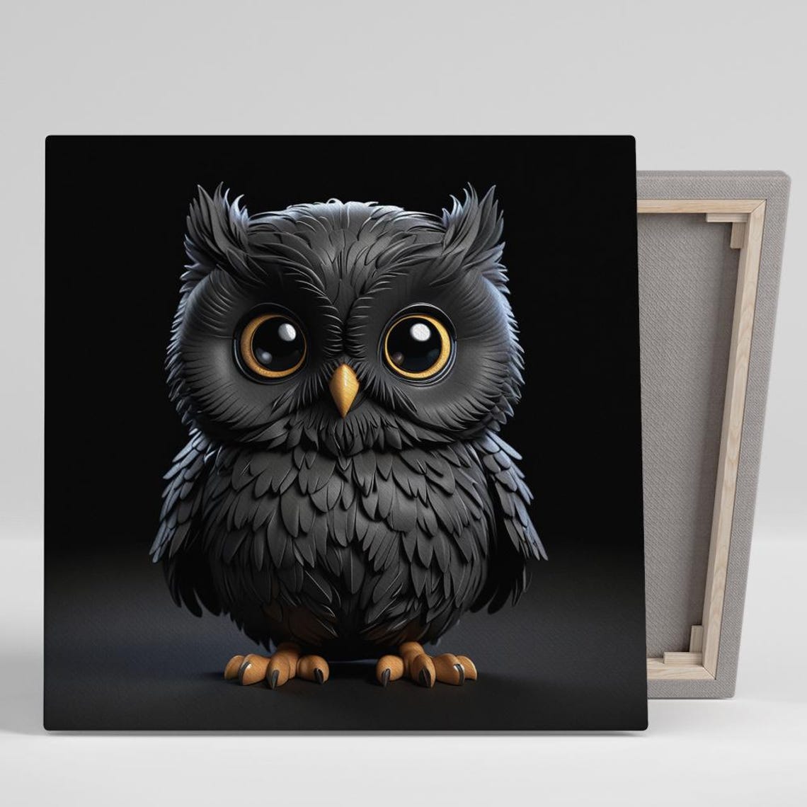 Cute Black Baby Owl Big Amber Eyes Night Minimalist Bird Wall Poster
