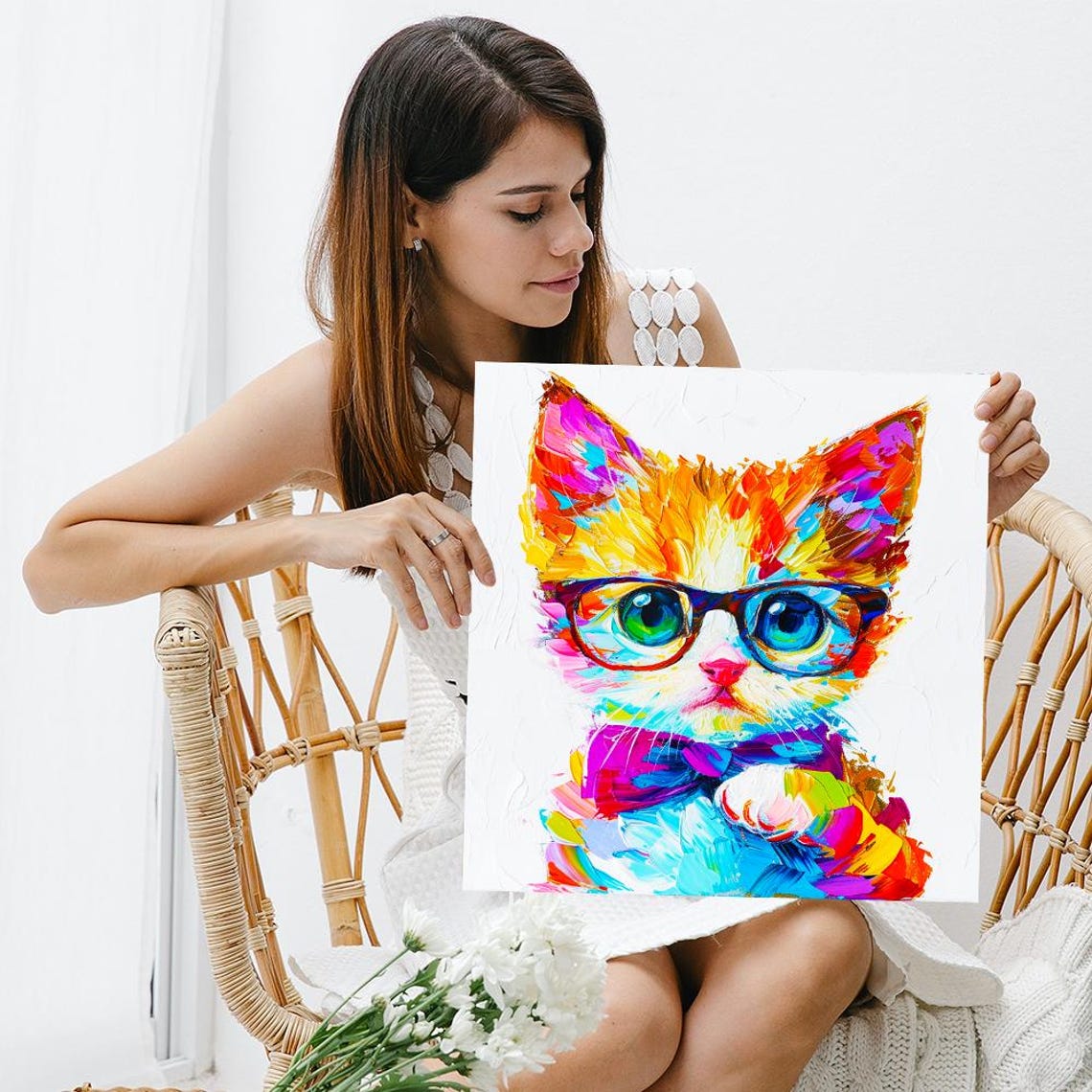 Hipster Kitten with Glasses and Bow Tie Splash Paint Colorful Poster - Image 3
