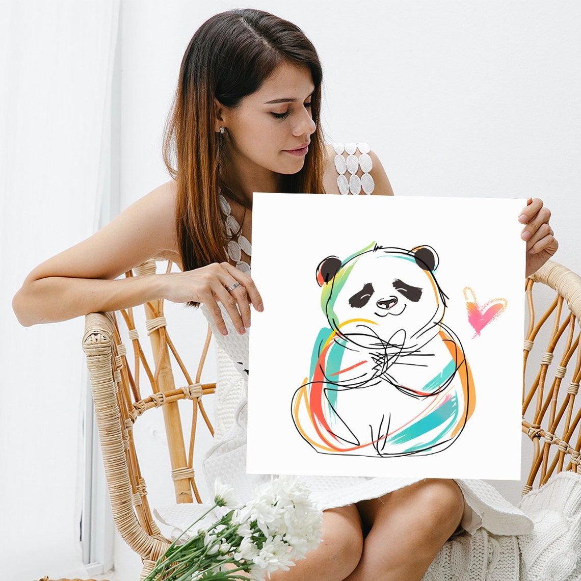 Zen Panda Minimalist Line Art Rainbow Heart Nursery Wall Art Poster - Image 3