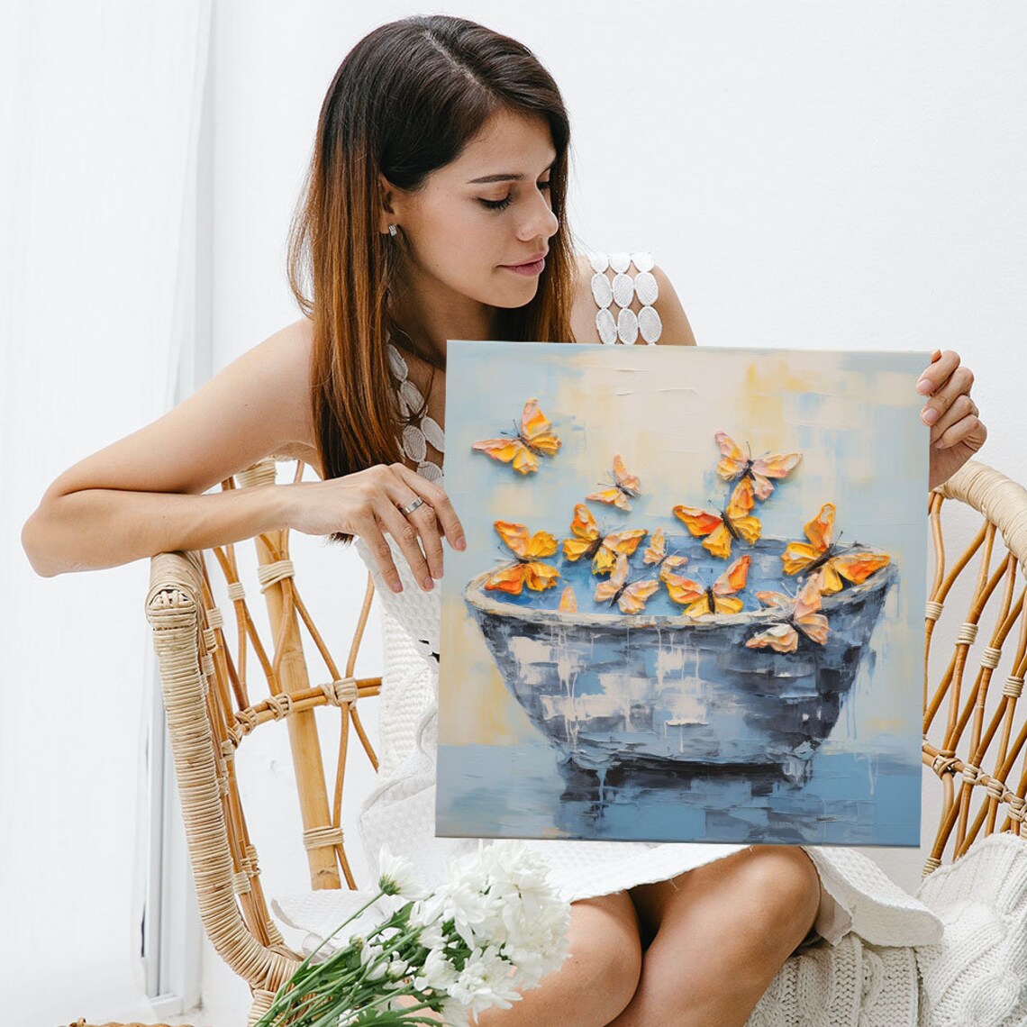 Orange Butterflies Emerging Bathtub Whimsical Blue Butterfly Wall Art - Image 3