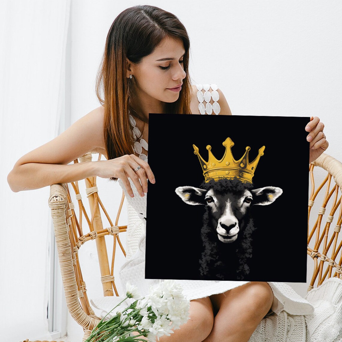 Golden Crown Sheep Black Background Bold Pop Art Animal Wall Art - Image 3