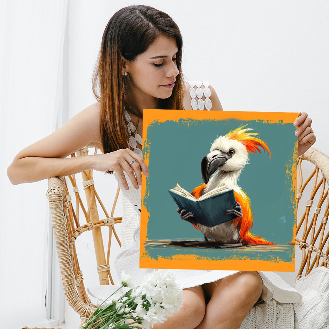 Cockatoo Reading Teal Book With Orange Crest Whimsical Bird Library Poster - Image 3