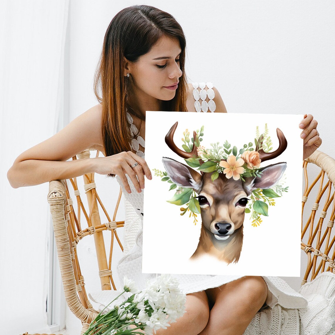 Deer With Antlers Wearing Floral Crown Peach Blossoms Watercolor Forest Poster - Image 3