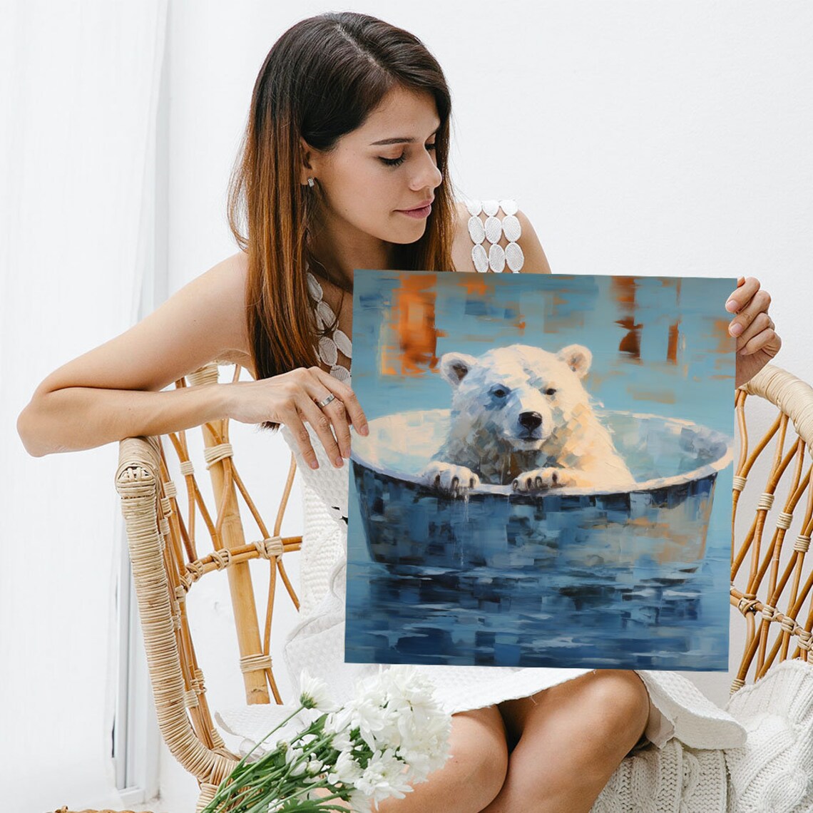 Polar Bear In Metal Washtub Painterly Blue Cute Wildlife Art Poster - Image 5