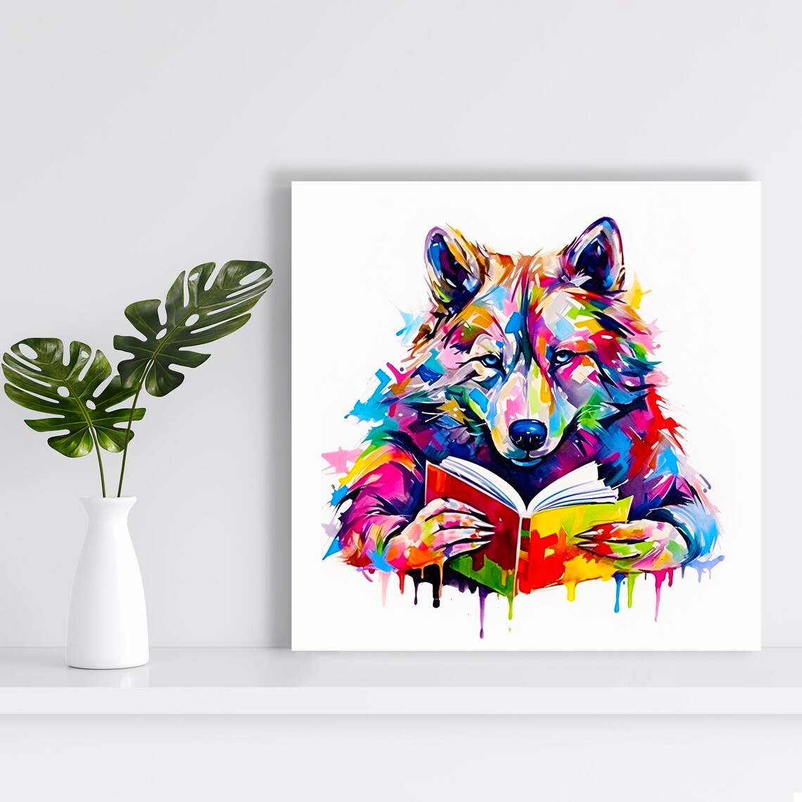 Rainbow Wolf Reading Book Colorful Watercolor Fun Book Lover Art Poster - Image 2