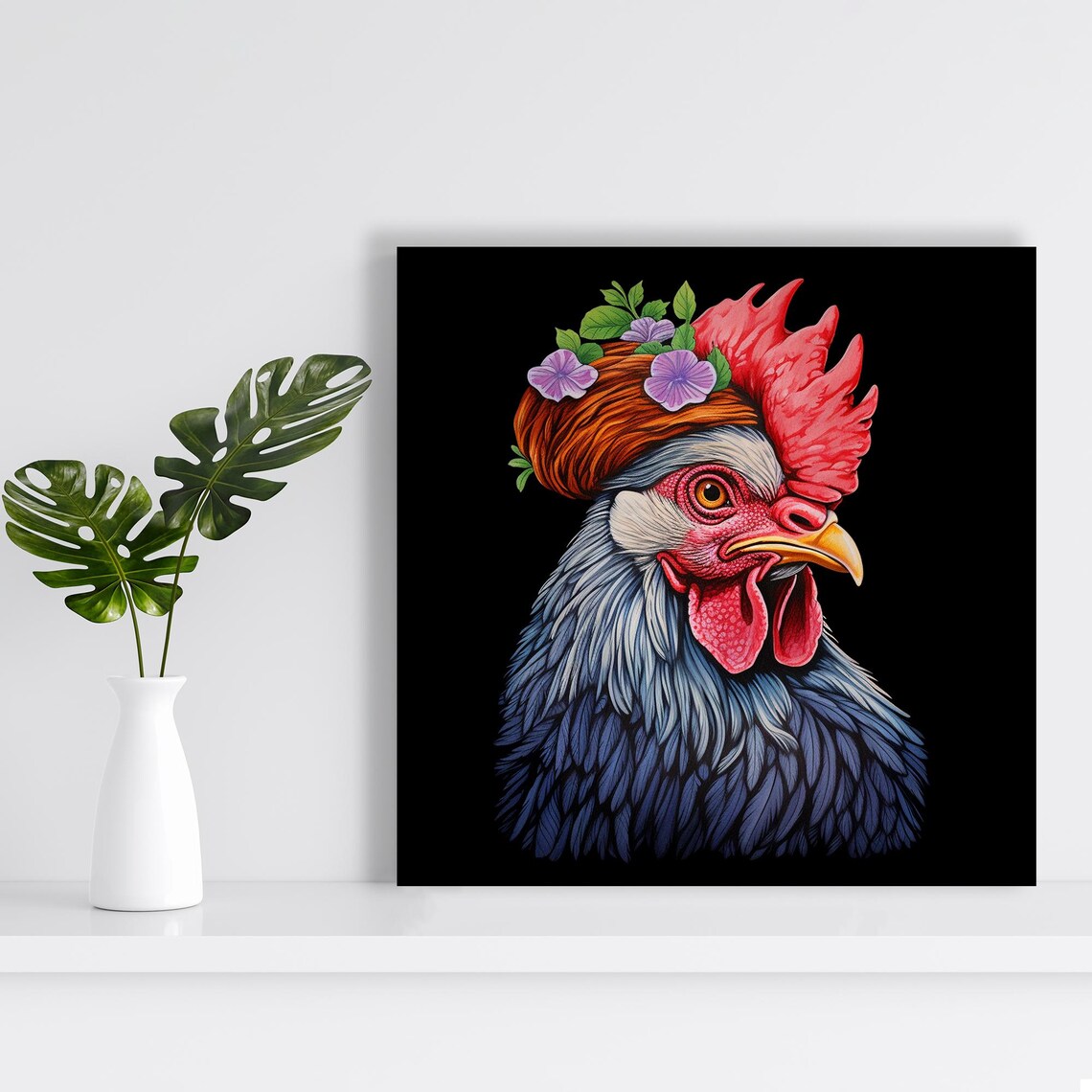 Bohemian Rooster Portrait With Floral Crown On Black Art Poster - Image 2