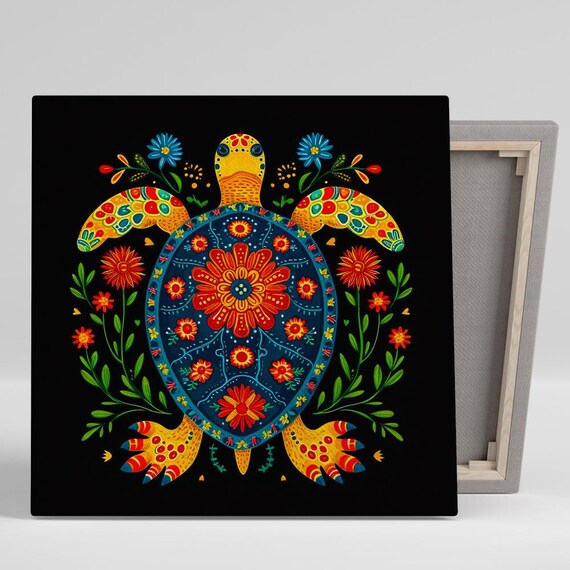 Colorful Turtle Mandala Floral Shell Folk Art Vibrant Black Wall Art Poster