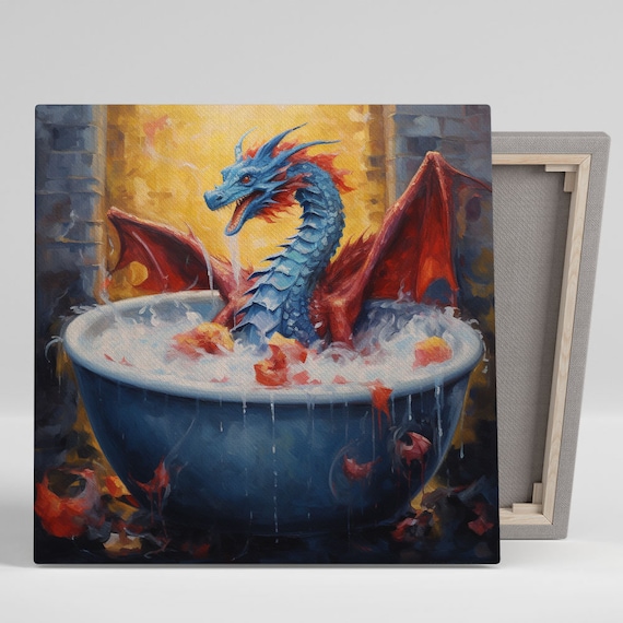 Dragon in Bathtub Bathroom Wall Art Print, Modern Decor