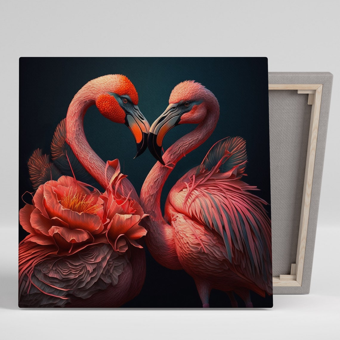 Two Flamingos Facing Each Other Romantic Pair With Bloom Flower Poster