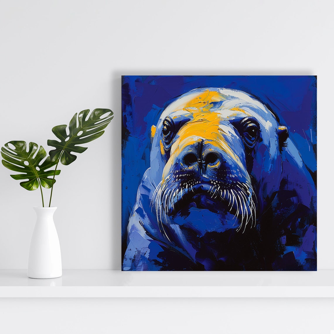 Walrus Face Portrait Bold Blue Yellow Impasto Paint Art Poster - Image 2