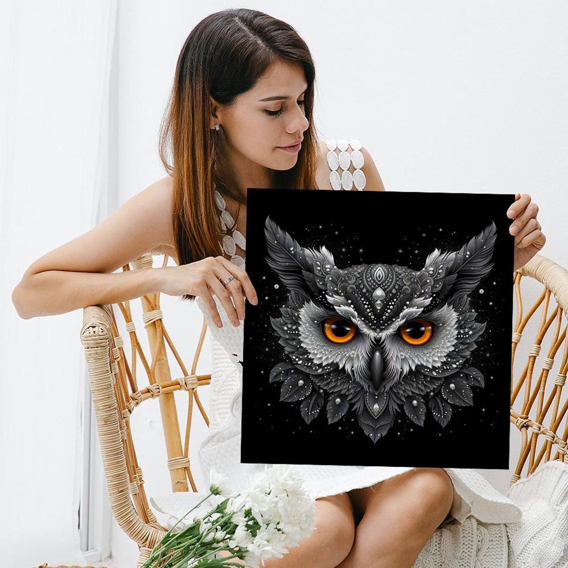 Mystical Black Owl Face With Glowing Orange Eyes Gothic Art Poster - Image 3