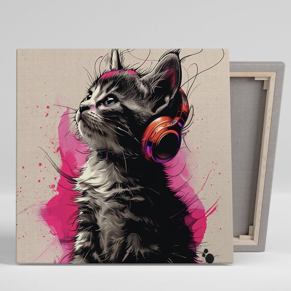 Kitten Wearing Headphones Pink Splash Modern Music Lover Wall Art