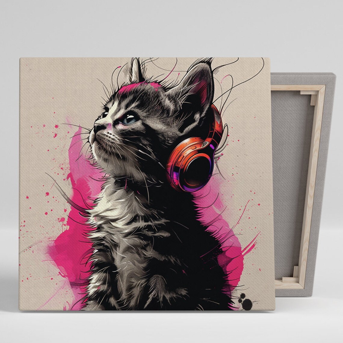 Kitten Wearing Headphones Pink Splash Modern Music Lover Wall Art