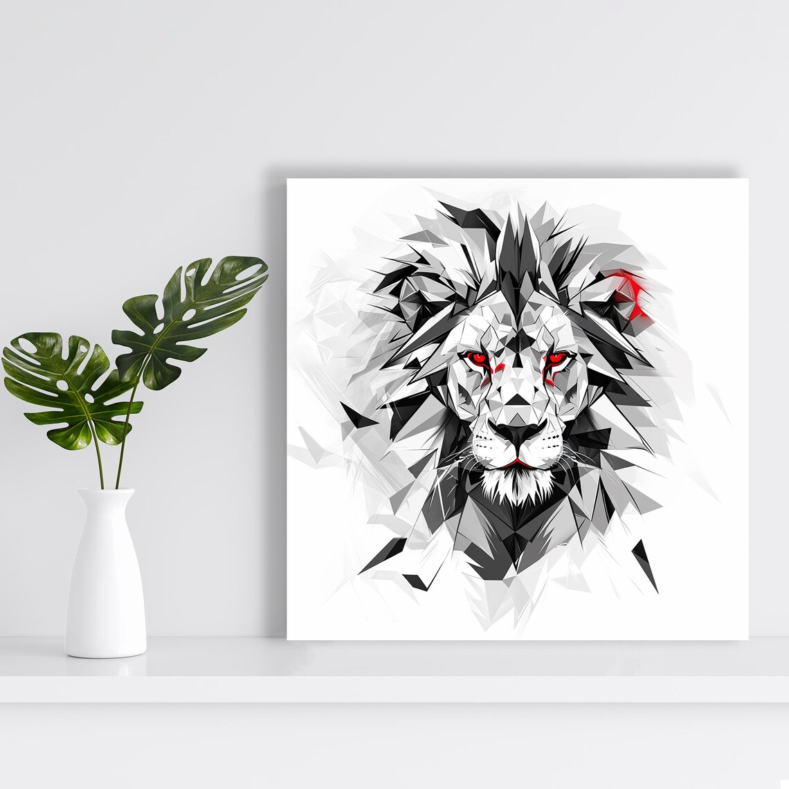 Geometric Lion Red Eyes Abstract Black White Modern Animal Art Poster - Image 2