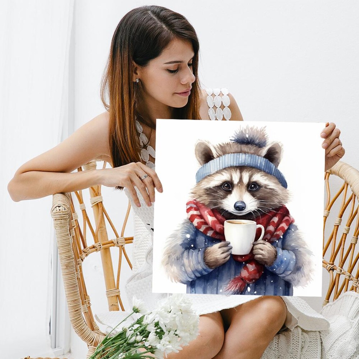 Cozy Raccoon Winter Coffee Mug Beanie Scarf Watercolor Animal Wall Art Print - Image 3