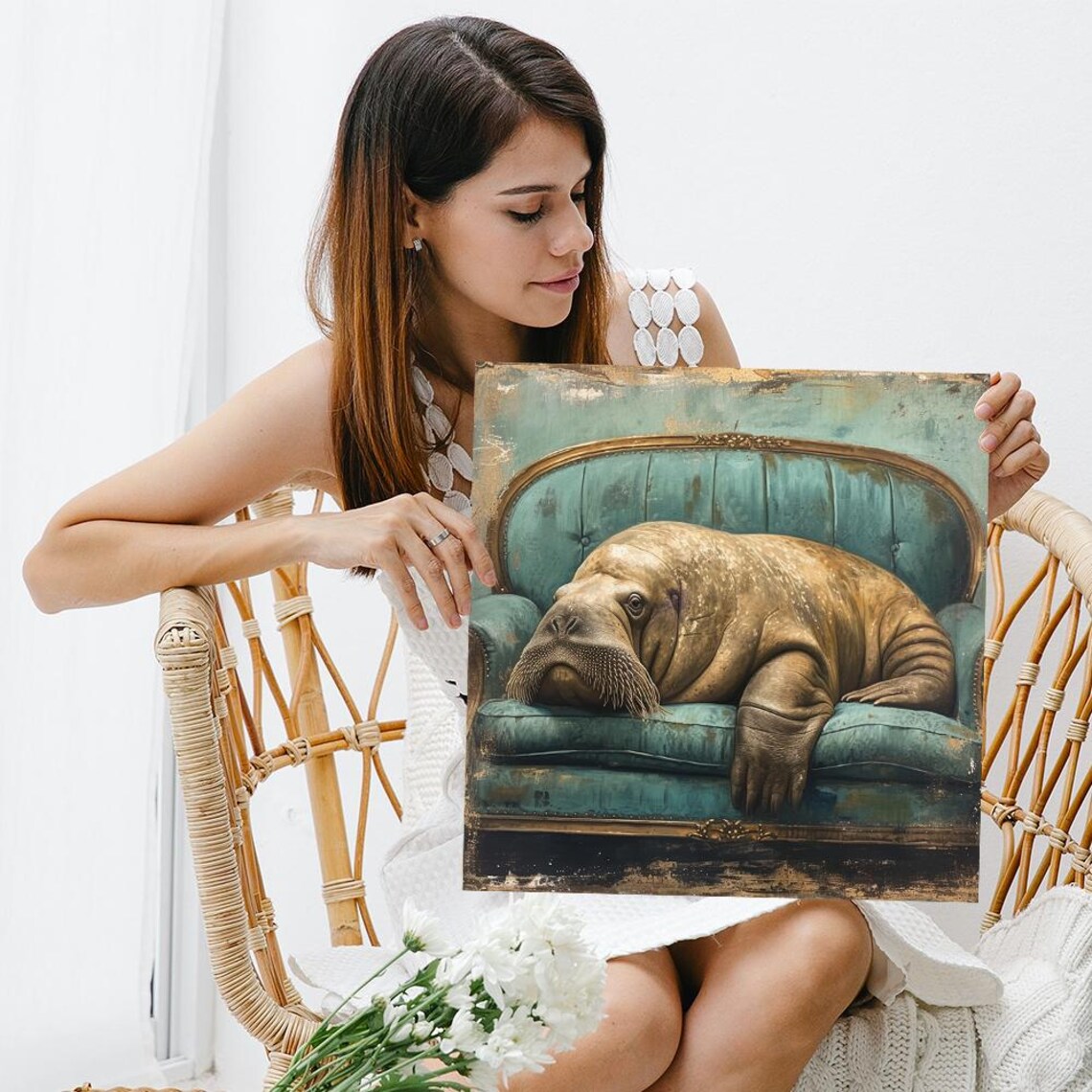 Walrus Whimsical Vintage Rustic Wall Art Print - Image 3