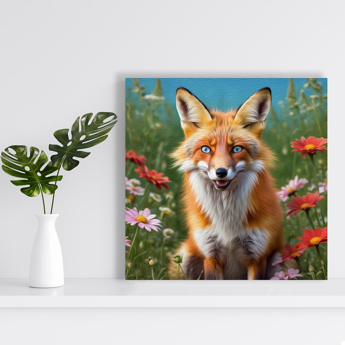 Blue Eyed Red Fox Flower Garden Painterly Spring Meadow Wildlife Poster - Image 2