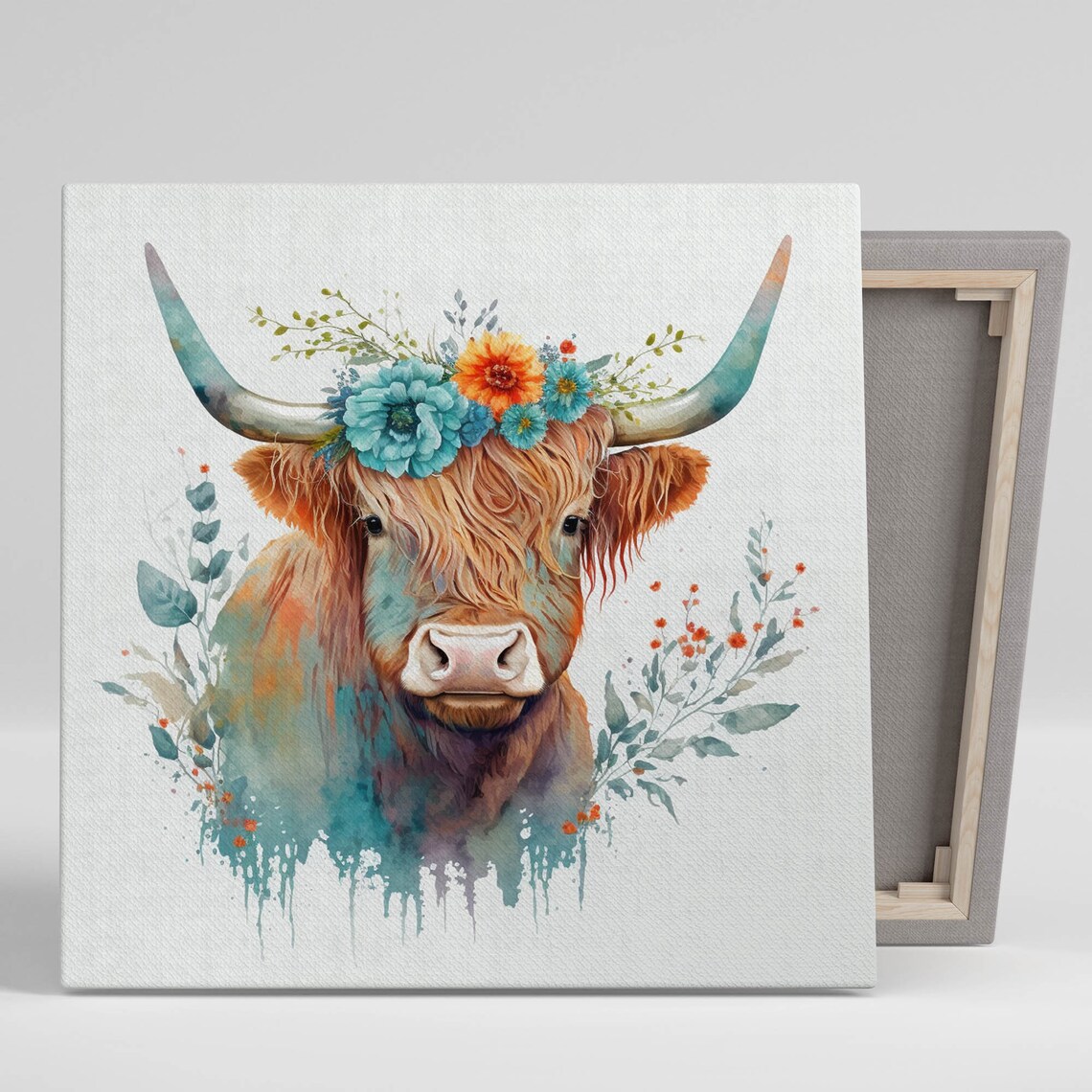 Highland Cow With Flower Art Print, Farm Animal