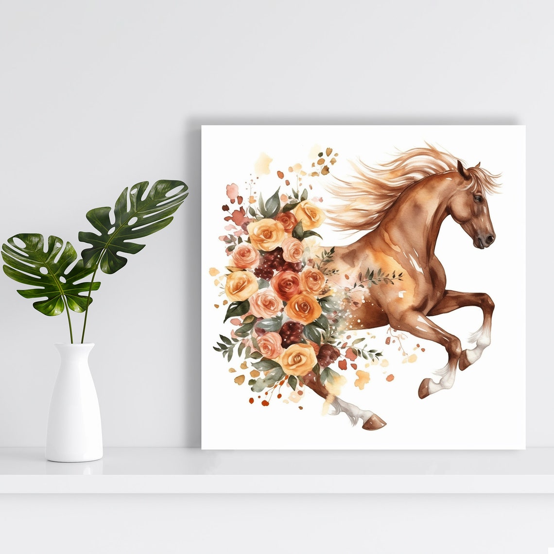 Brown Horse Galloping Roses Floral Watercolor Wall Art Poster - Image 2
