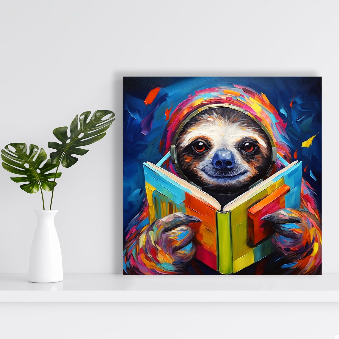 Cosmic Sloth Reading Book Poster Colorful Sloth Scholar Funny Animal Wall Art - Image 2