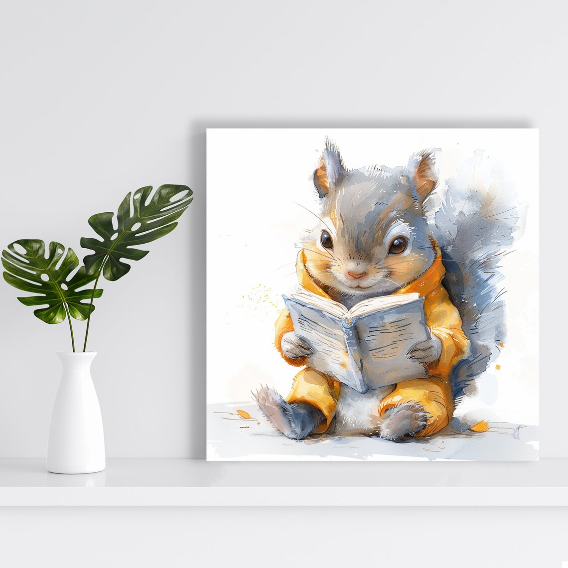 Cozy Squirrel In Pajamas Reading Book Watercolor Children Room Wall Poster - Image 2