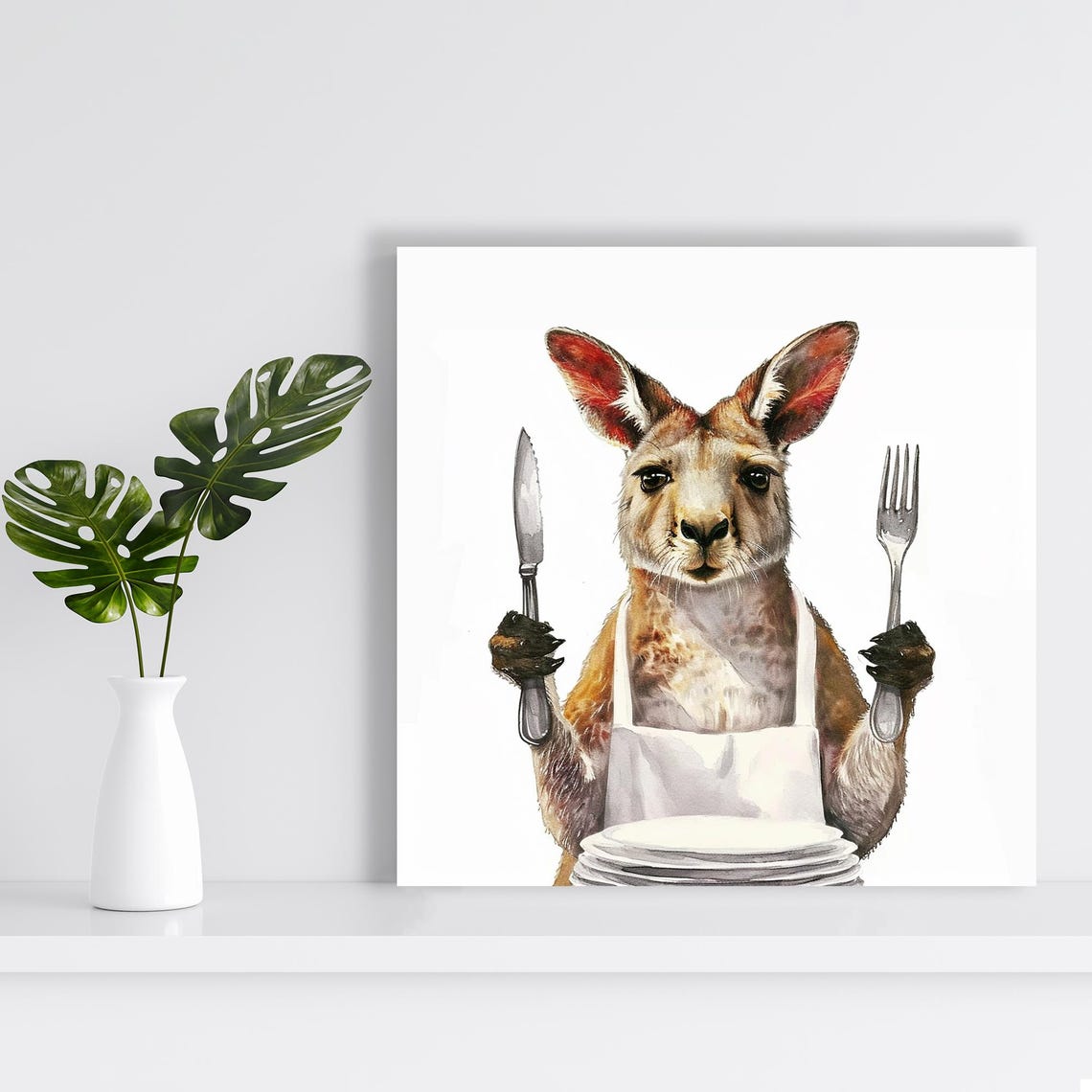 Kangaroo Chef In Apron Holding Knife And Fork Whimsical Poster - Image 2