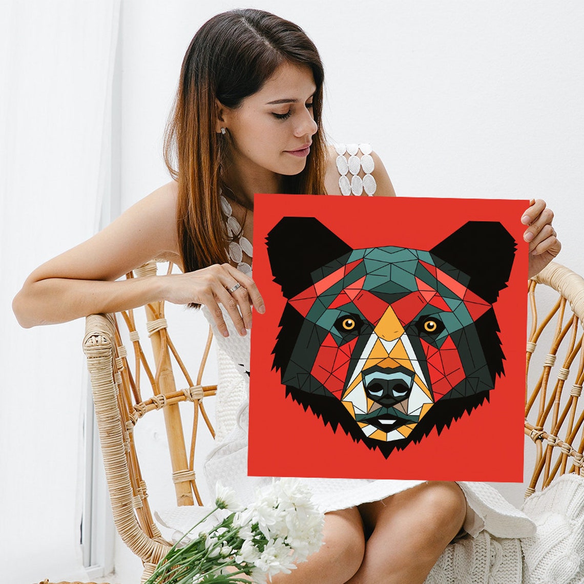 Geometric Bear Head Mosaic Red Black Teal Modern Wild Animal Poster - Image 3