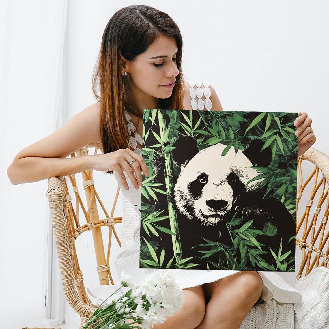 Panda Peeking Through Bamboo Leaves Green Black Nature Wall Poster - Image 3