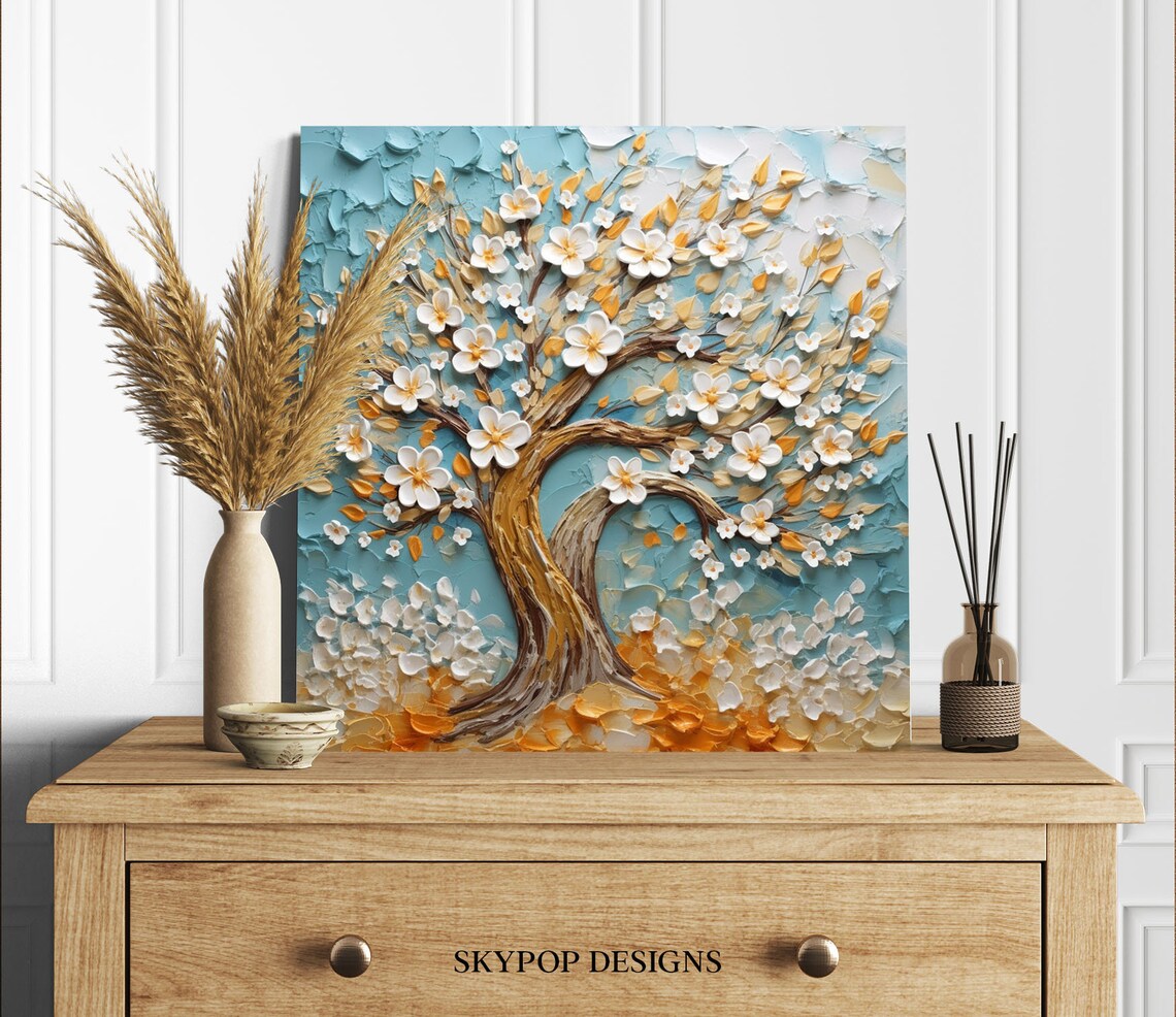 White Blue Floral Tree Botanical Wall Art Print - Image 2