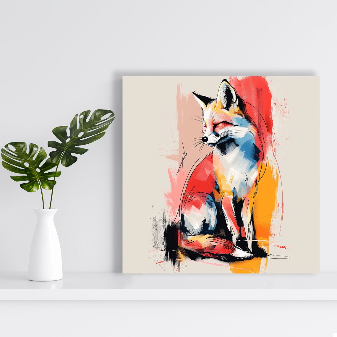 Sleeping Fox Watercolor Red Blue Yellow Brushstroke Modern Animal Poster - Image 2