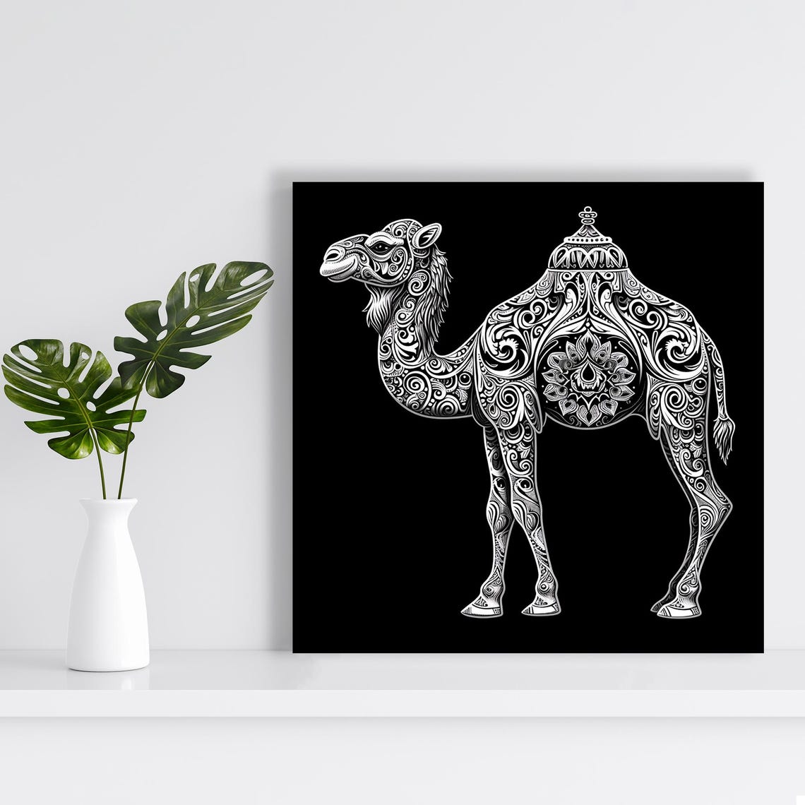 Ornate White Camel Mandala Intricate Black Background Wall Art Poster - Image 2