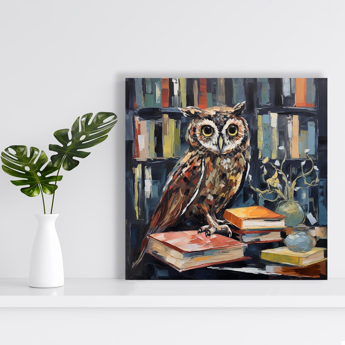 Wise Owl Library Bookshelf Impressionist Painted Portrait Wall Art Poster - Image 2