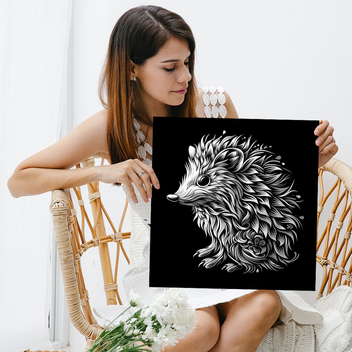 Hedgehog Ornate Feather Quills White Intricate Zentangle Black Wall Art - Image 3