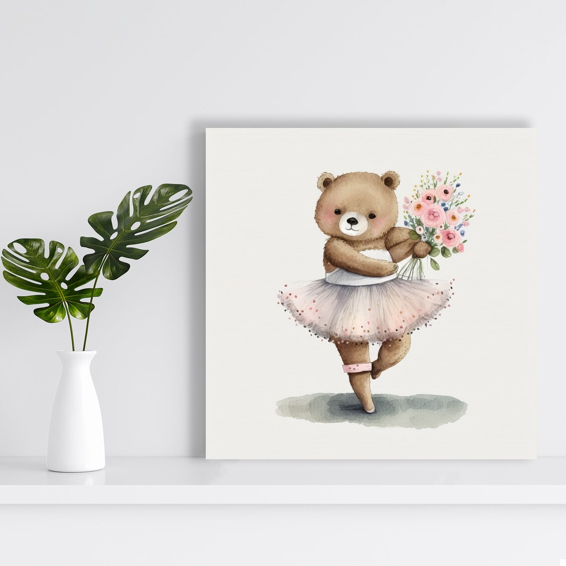 Ballerina Teddy Bear in Pink Tutu With Flowers Nursery Watercolor Poster - Image 2