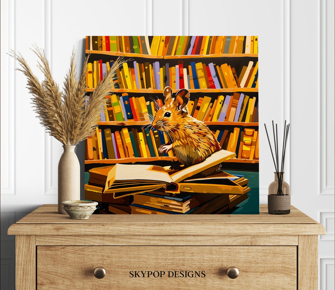 Mouse Sitting on Open Books in Cozy Library Bookshelf Wall Art - Image 2